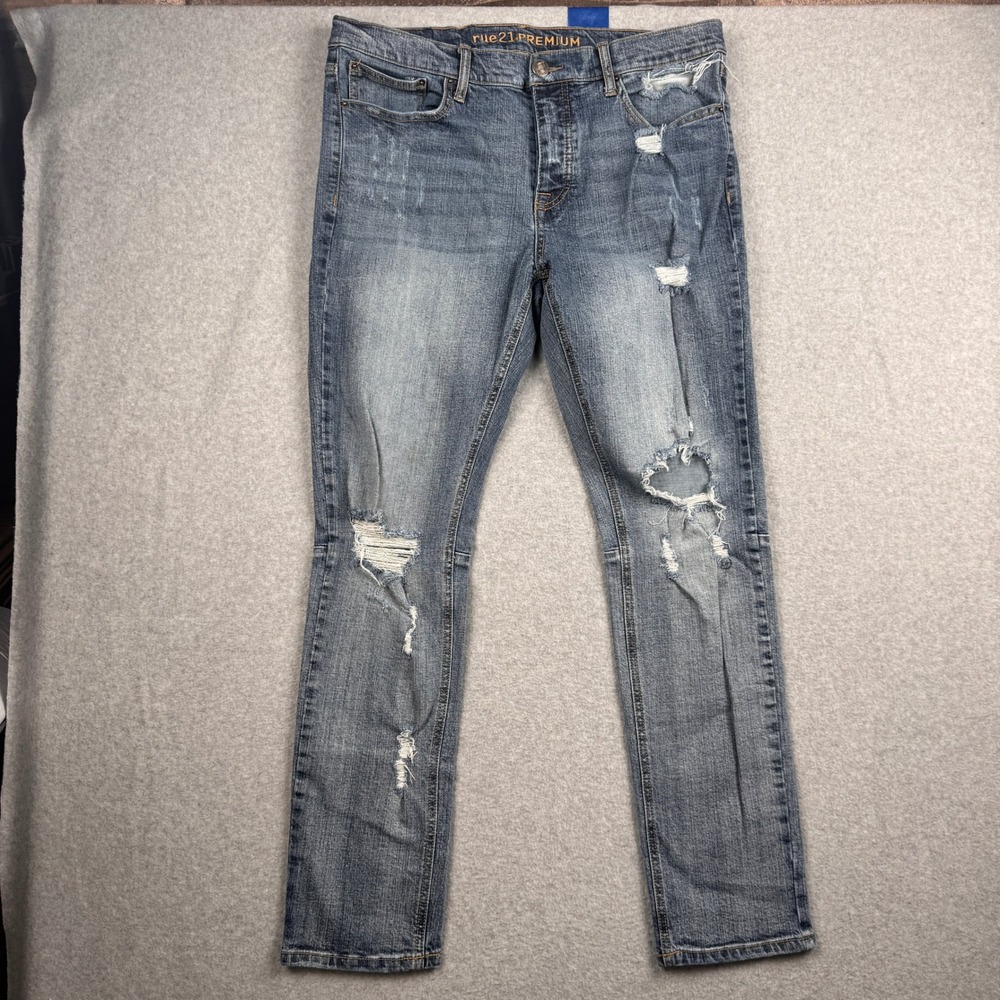 rue21 Jeans Mens 36x32 Skinny Supreme Flex Distressed Ripped Button Fly Punk Emo